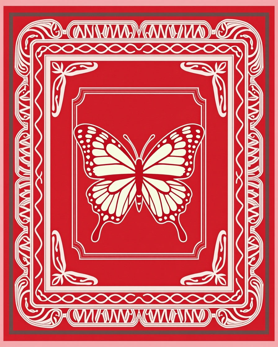 Red Cream Butterfly Floral Border Rug