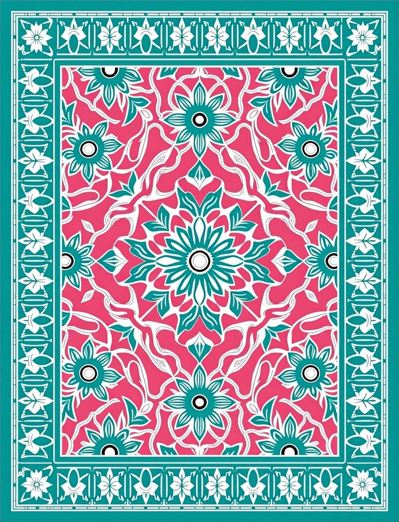 Vibrant Pink Teal Floral Medallion Rug