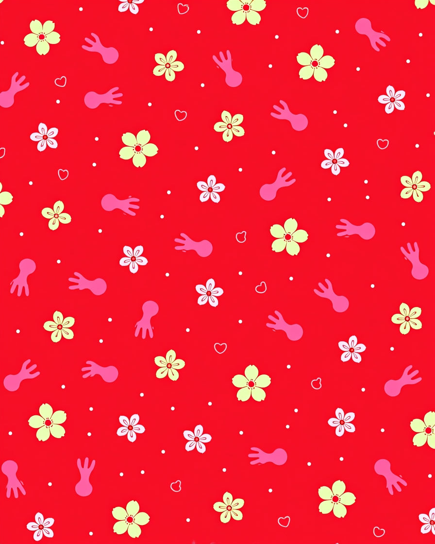 Red Floral Hearts Playful Figures Rug