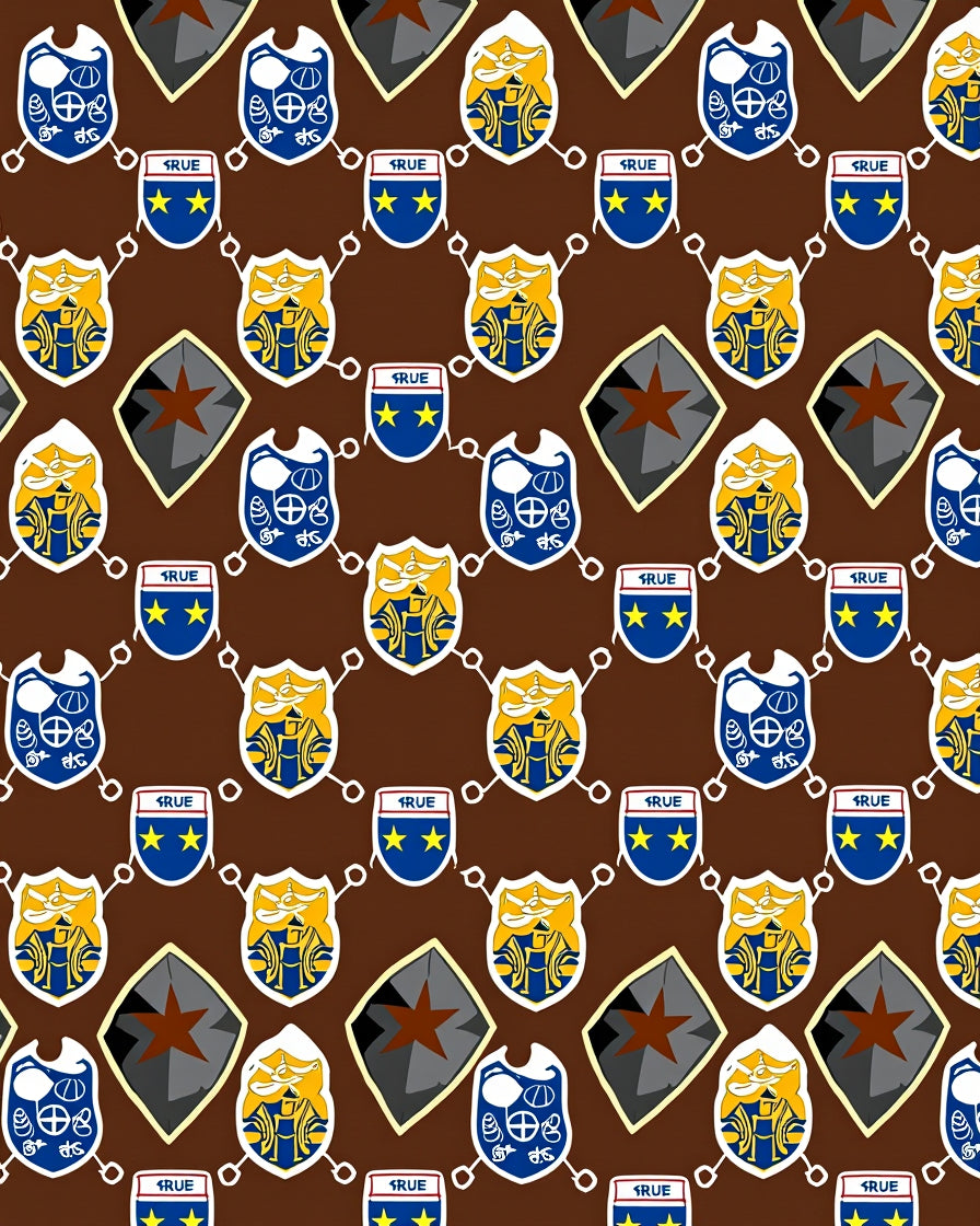 Brown Blue Golden Crest Shield Tile Rug