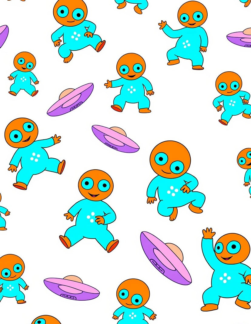 Cute Orange Alien Flying Saucer Collage Rug