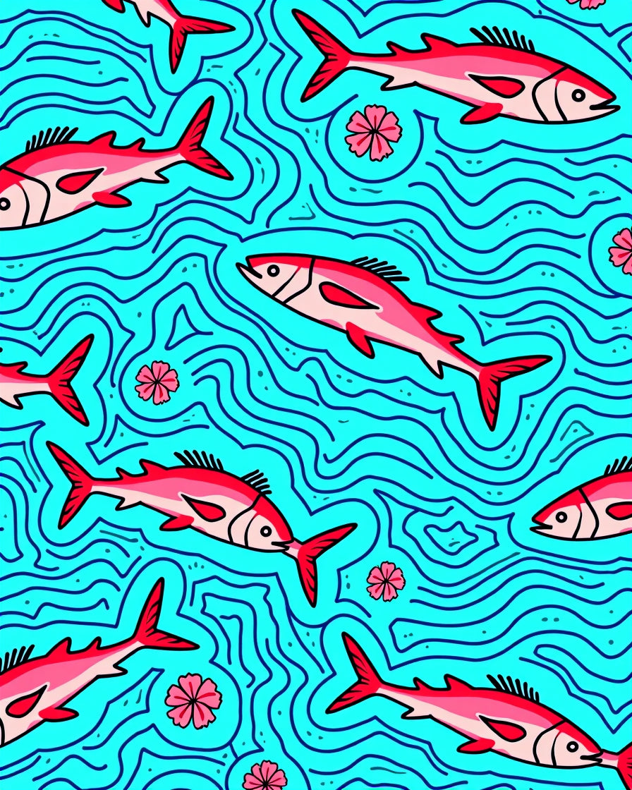 Whimsical Red Fish Blue Water Rug