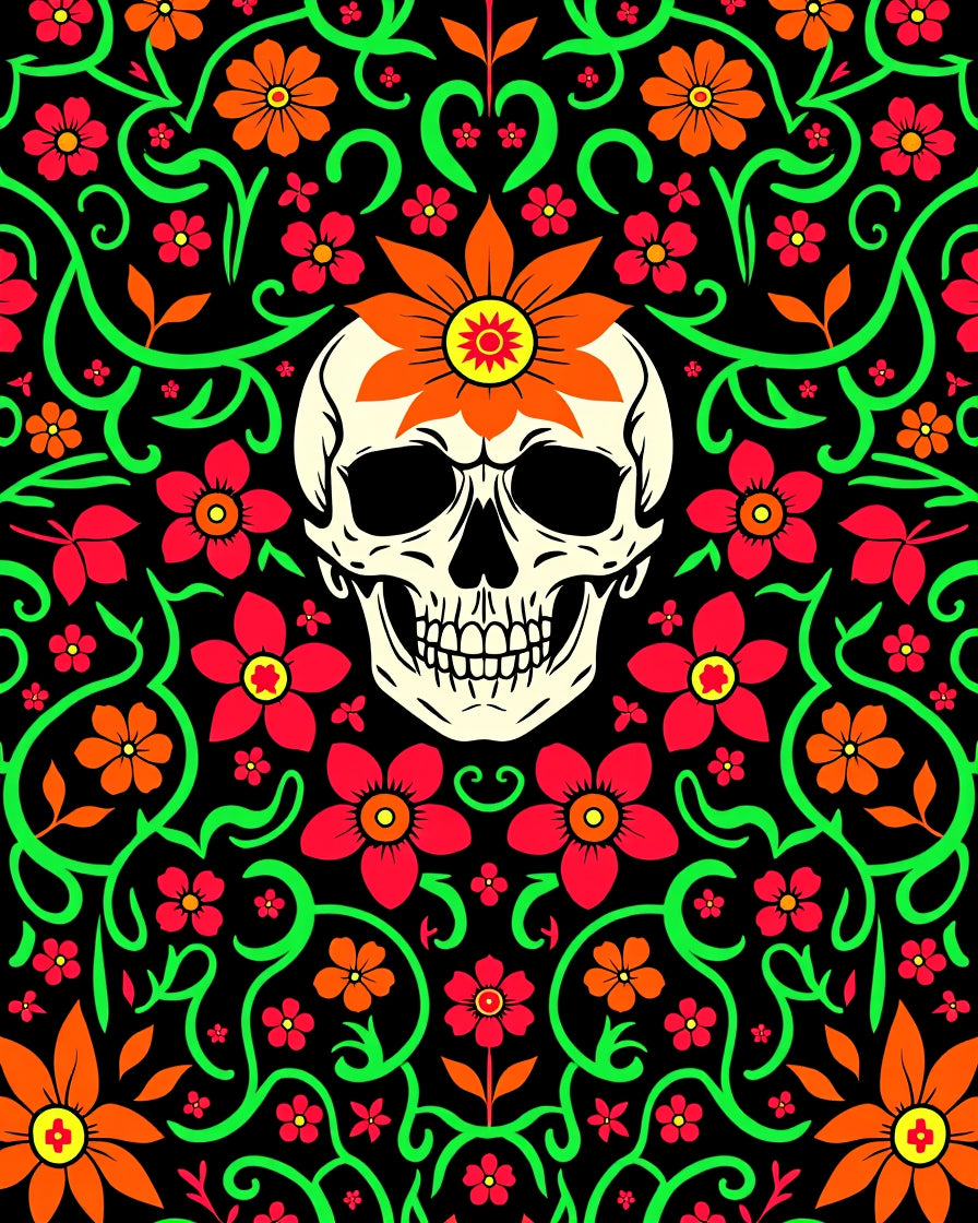 Vibrant Skull Floral Vine Statement Rug