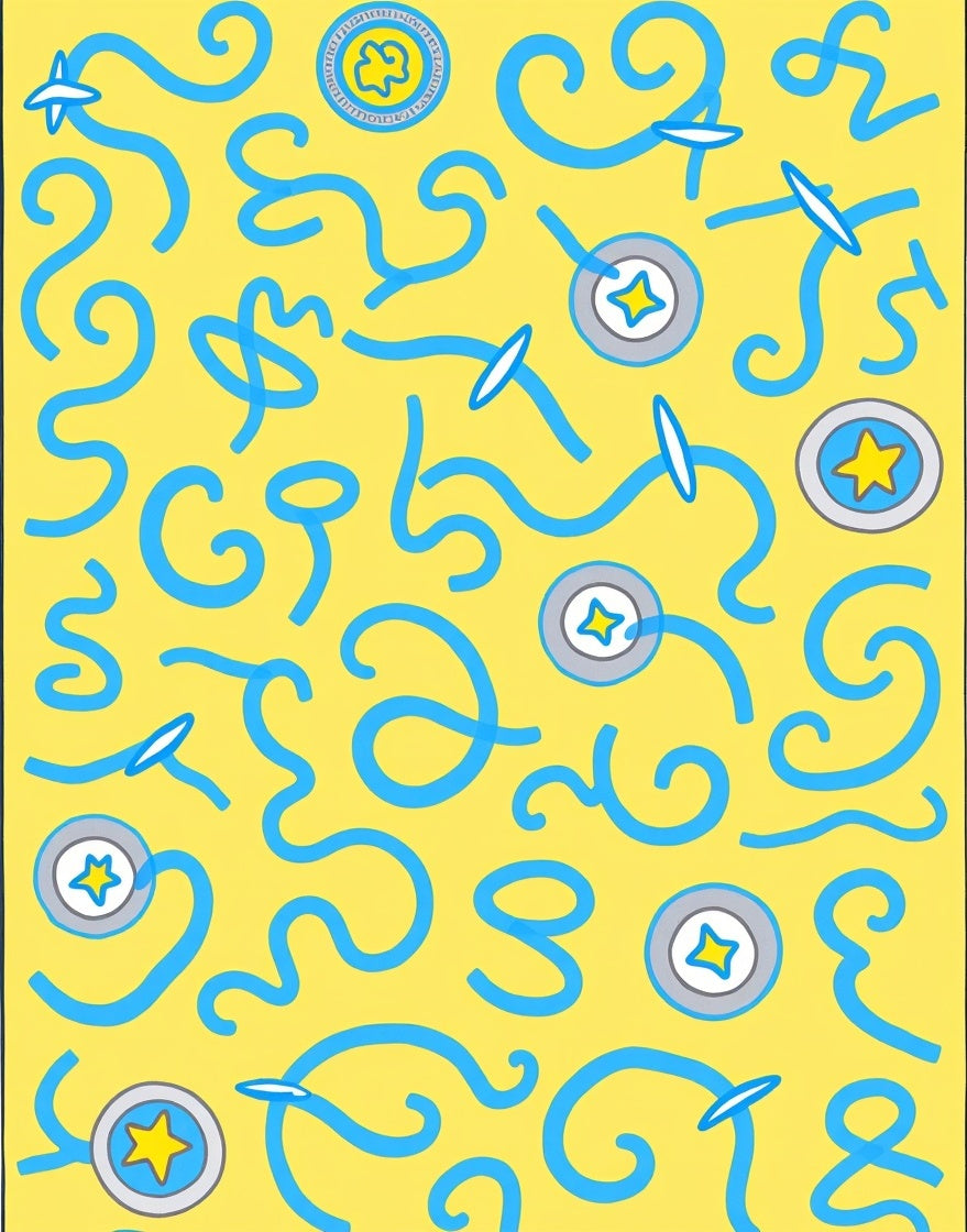 Sunny Yellow Blue Whimsical Swirls Rug