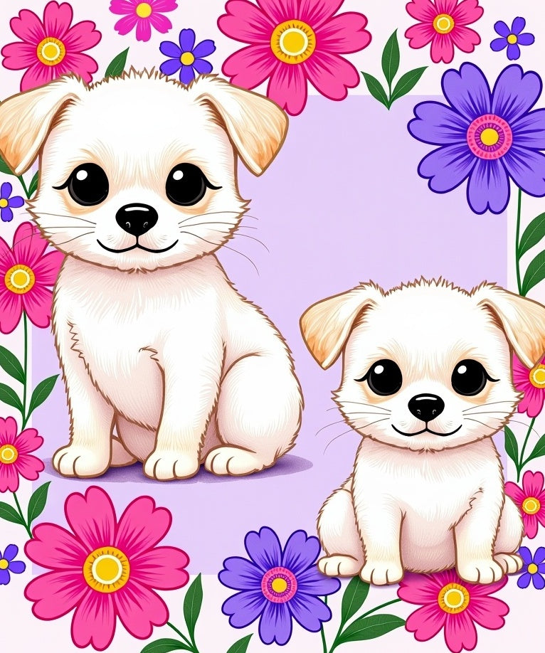 Cute Puppies Pink Purple Floral Border Rug