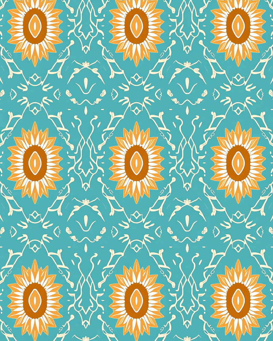 Turquoise Orange White Sunflower Tile Rug