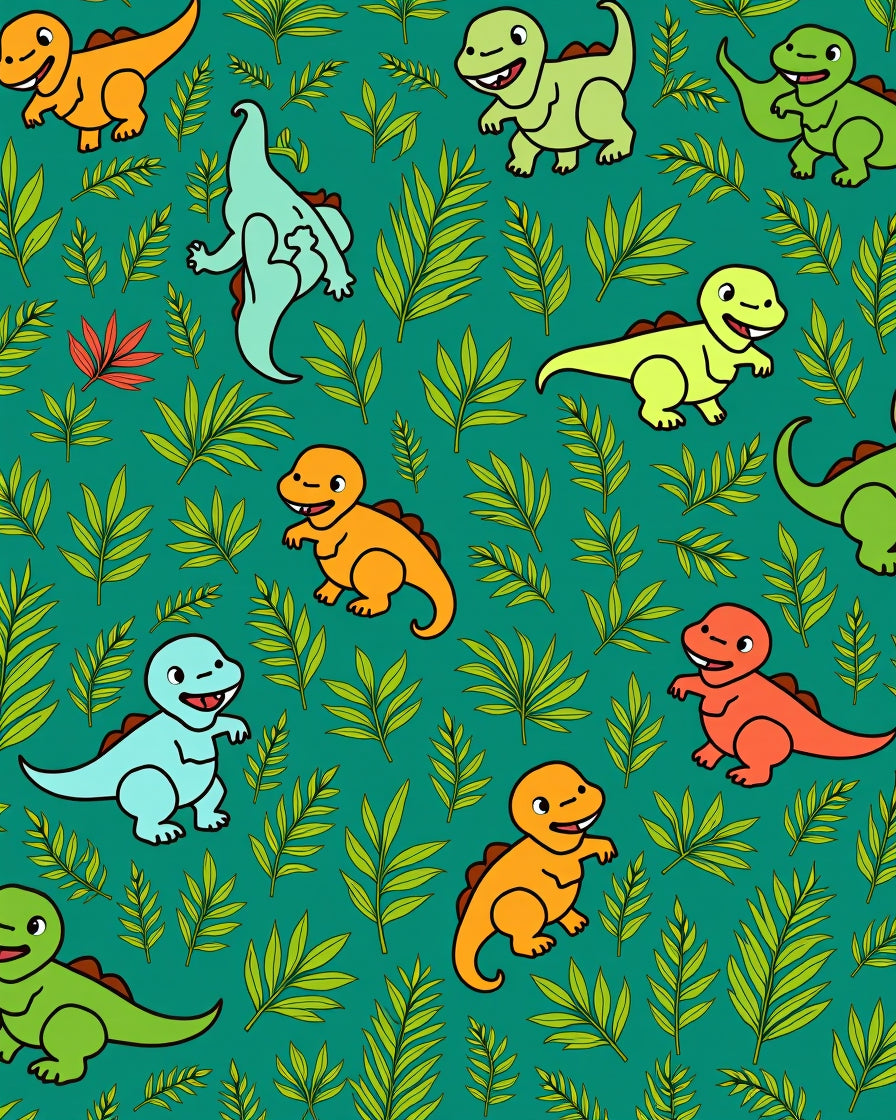 Playful Cartoon Dinosaurs Green Foliage Repeats Rug