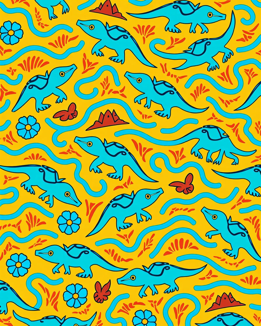 Whimsical Turquoise Dinosaurs Yellow Garden Rug