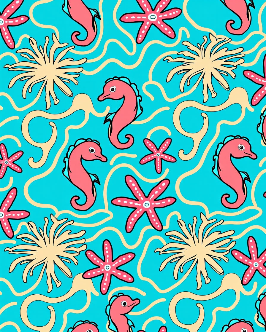 Coral Pink Seahorse Starfish Aqua Swirl Rug