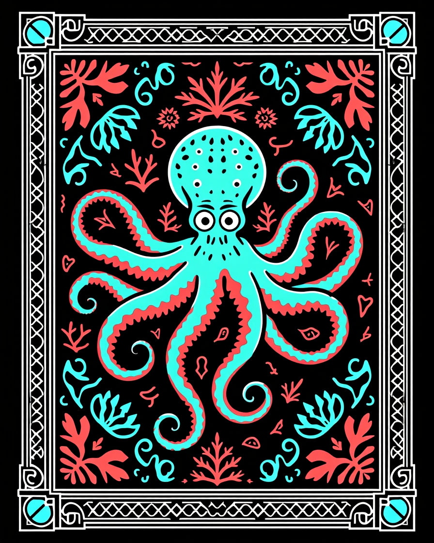 Aqua Coral Octopus Nautical Border Rug
