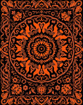Vibrant Orange Black Floral Medallion Tapestry Rug
