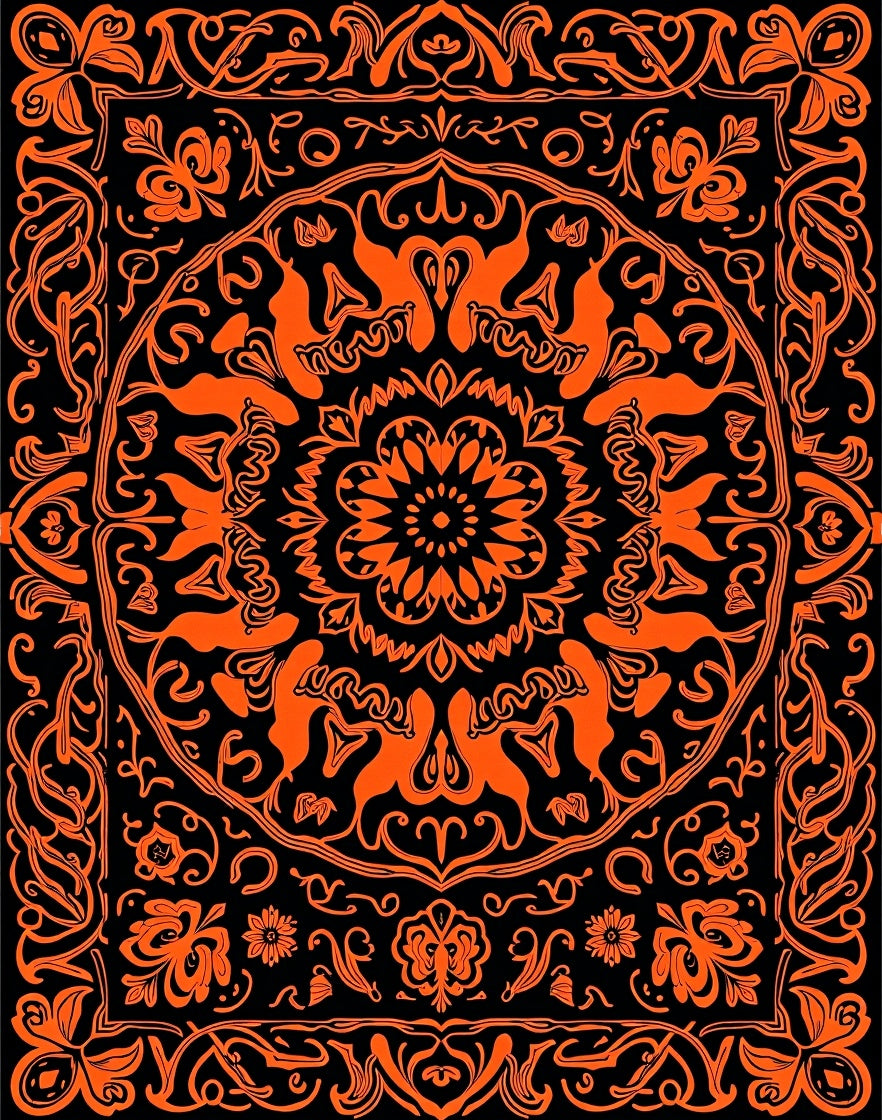 Vibrant Orange Black Floral Medallion Tapestry Rug