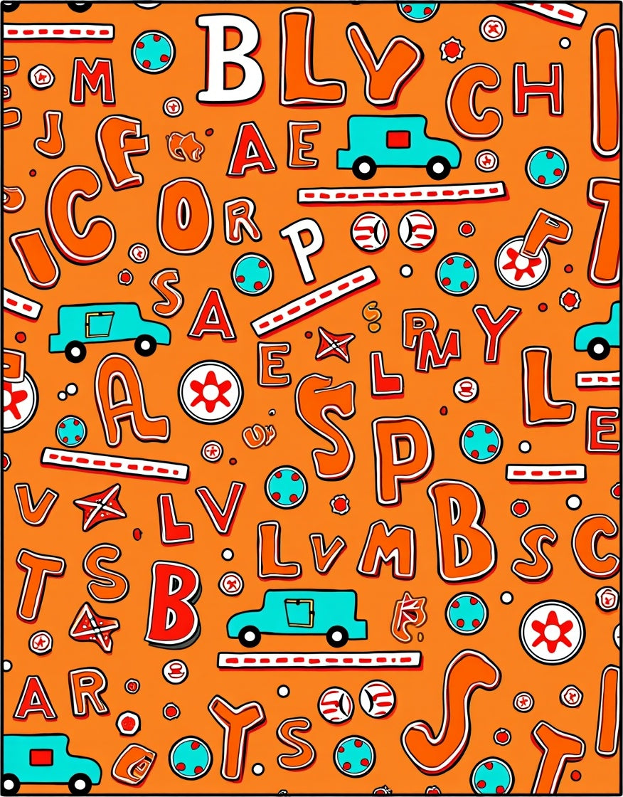 Whimsical Orange Alphabet Cars Theme Rug