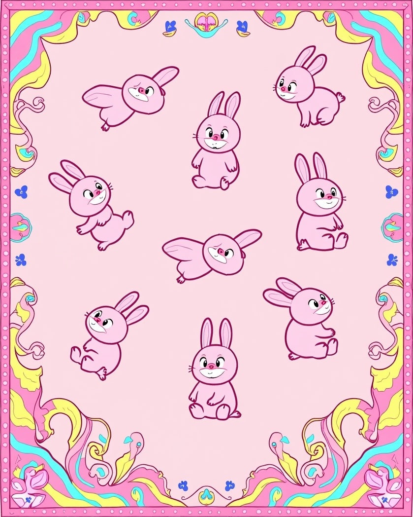 Retro Pink Bunny Swirl Frame Rug