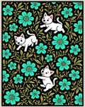 Mint Floral Cats Black Whimsical Garden Rug