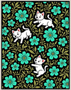 Mint Floral Cats Black Whimsical Garden Rug