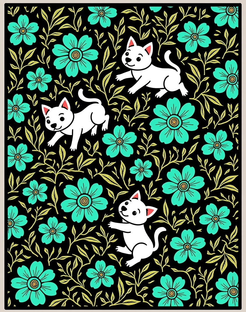 Mint Floral Cats Black Whimsical Garden Rug