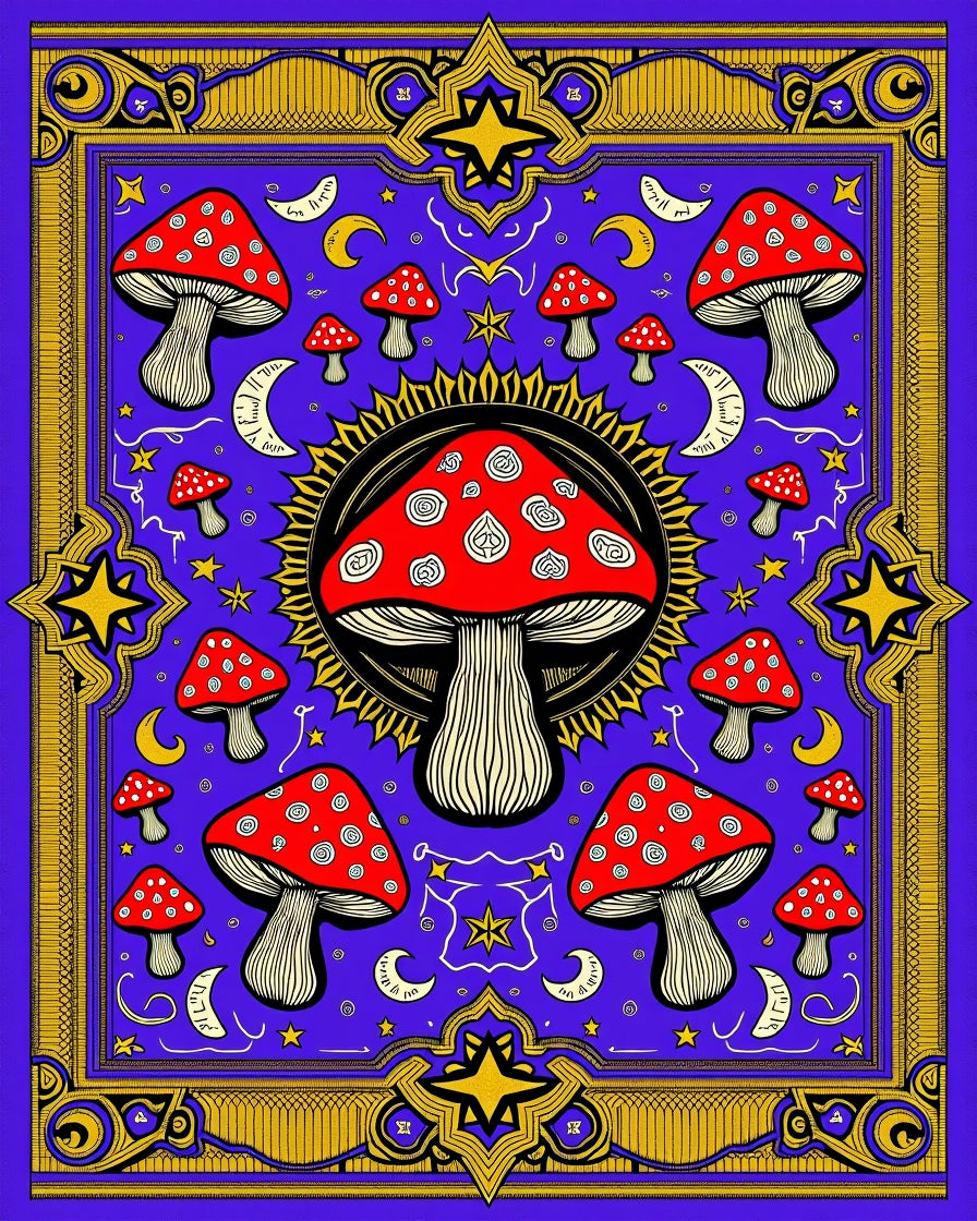 Psychedelic Red Mushroom Sunburst Tapestry Rug