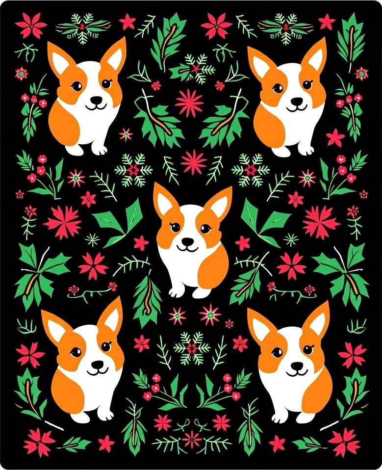 Whimsical Corgi Floral Garland Repeating Art Rug