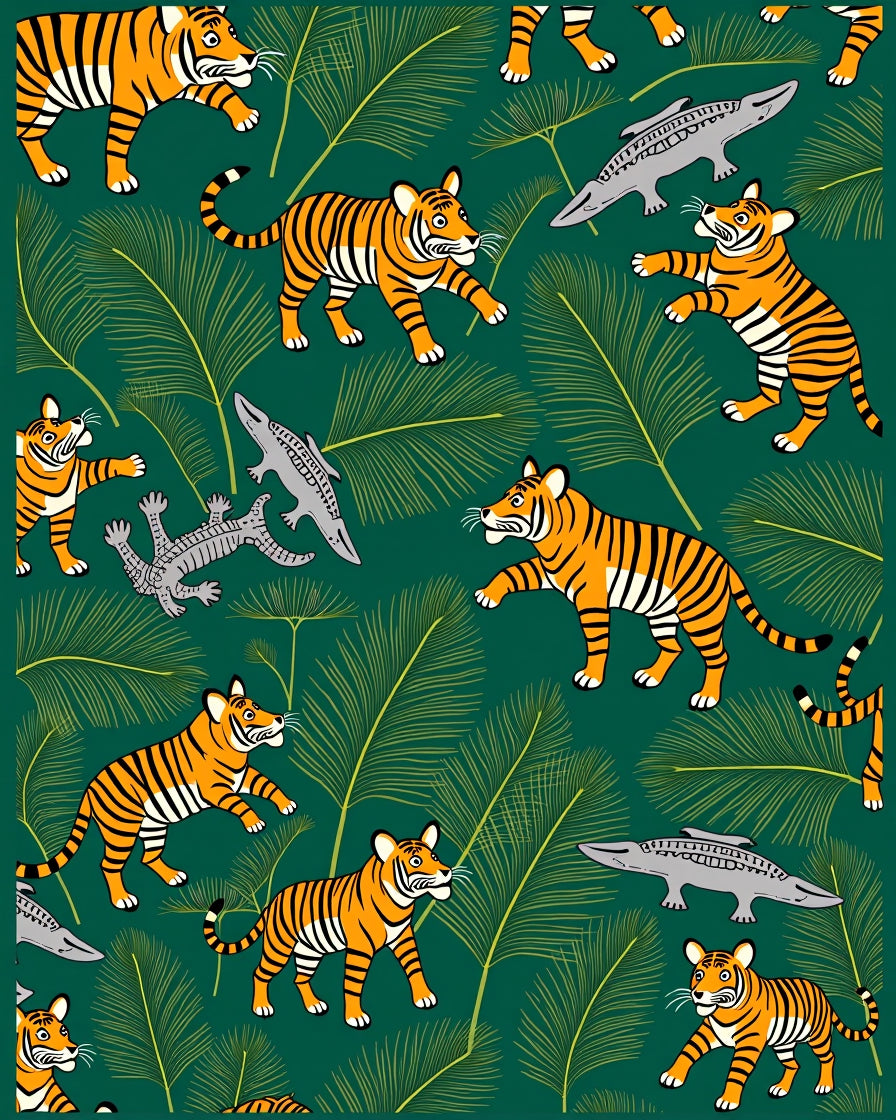 Jungle Tigers With Ferns And Crocodiles Rug