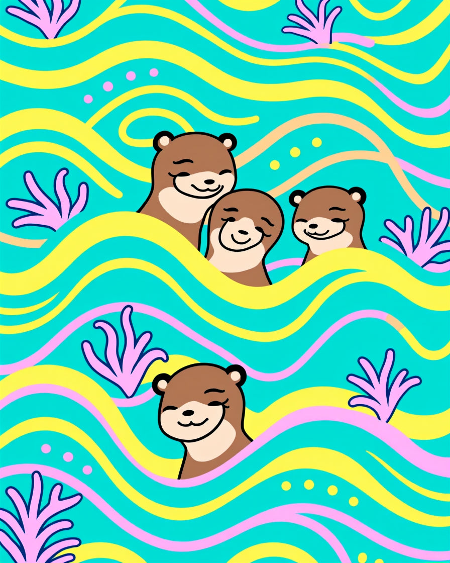 Whimsical Otter Family Flowing Waves Rug