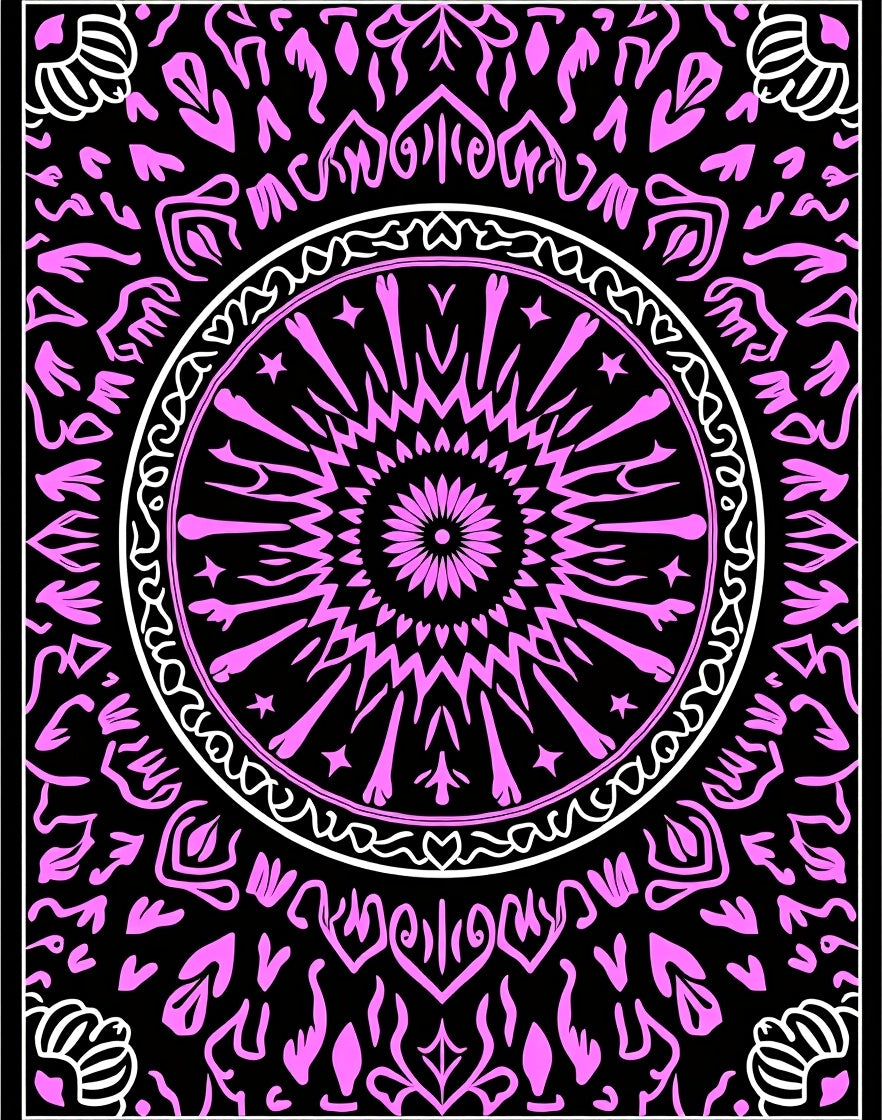 Vibrant Pink Mandala Black Background Rug