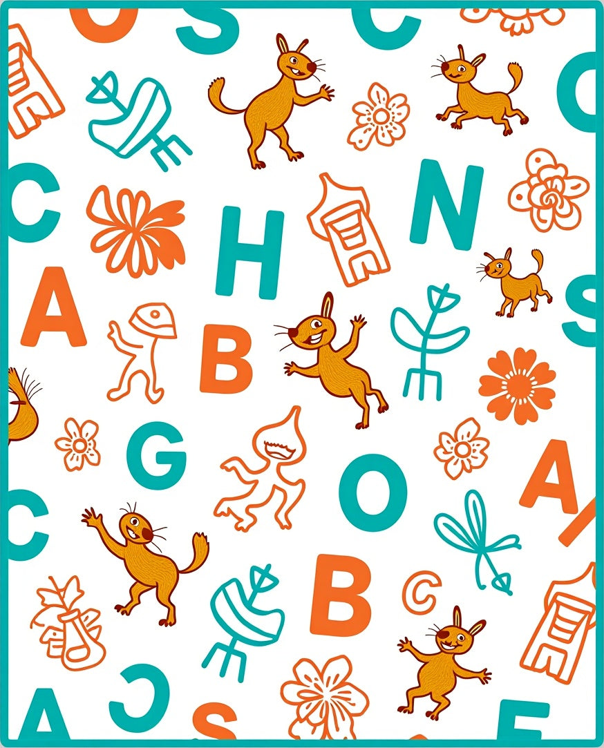 Whimsical Orange Blue Animals Letters Rug