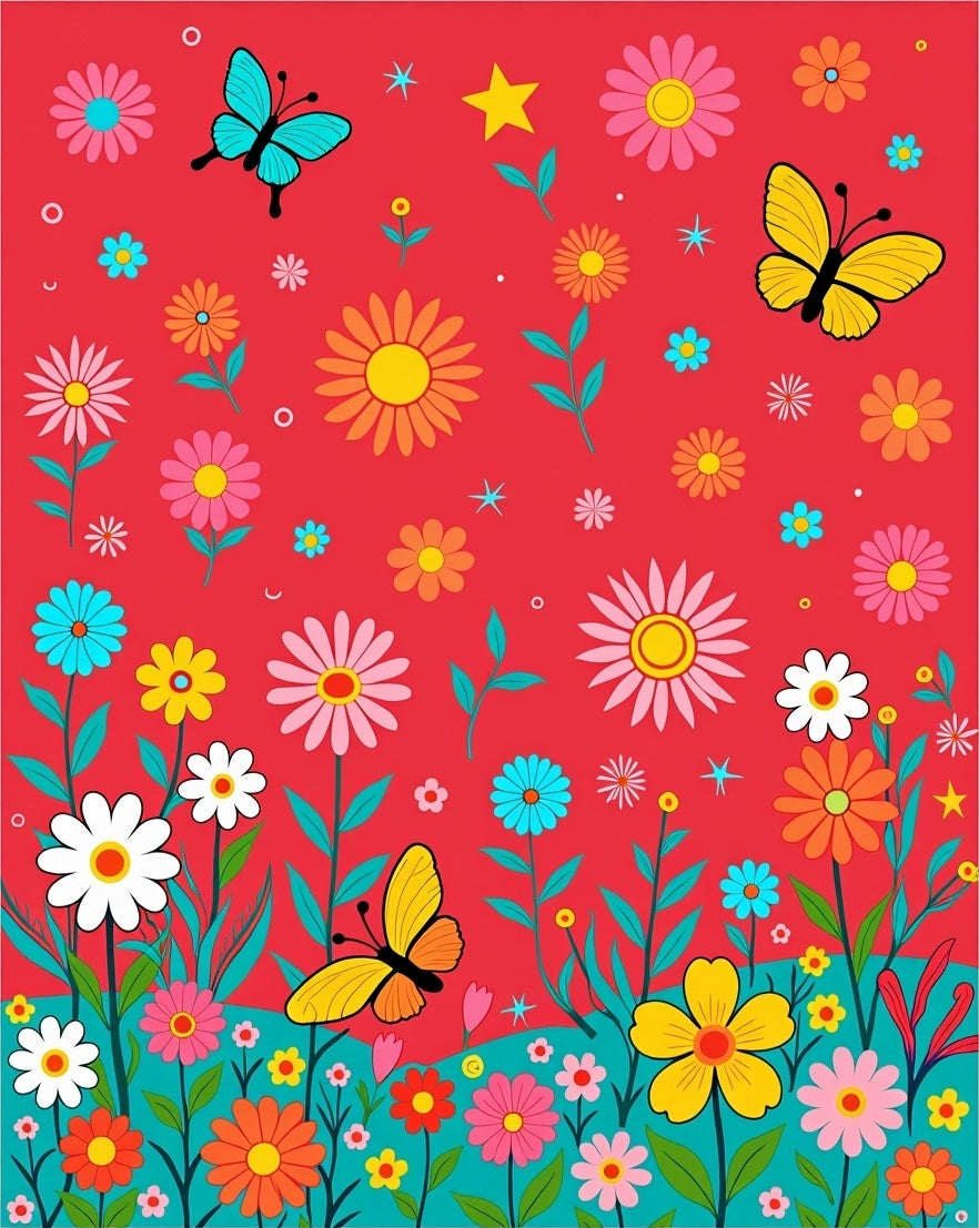 Bright Red Floral Butterfly Garden Rug