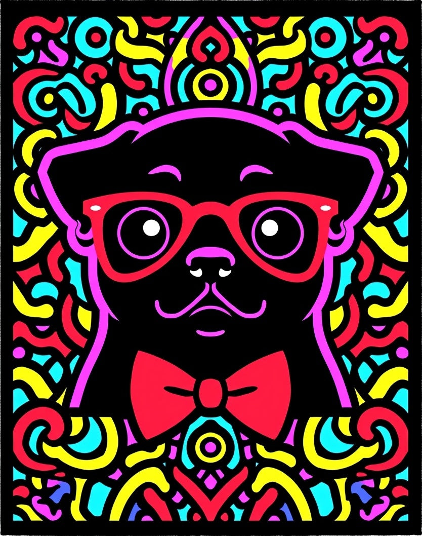 Vibrant Pug Portrait with Red Bowtie Rug