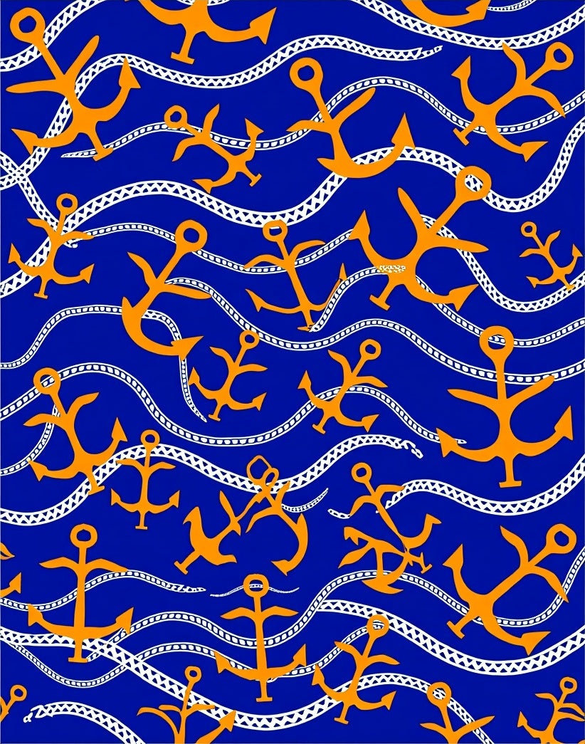 Orange Anchors on Blue Waves Rug
