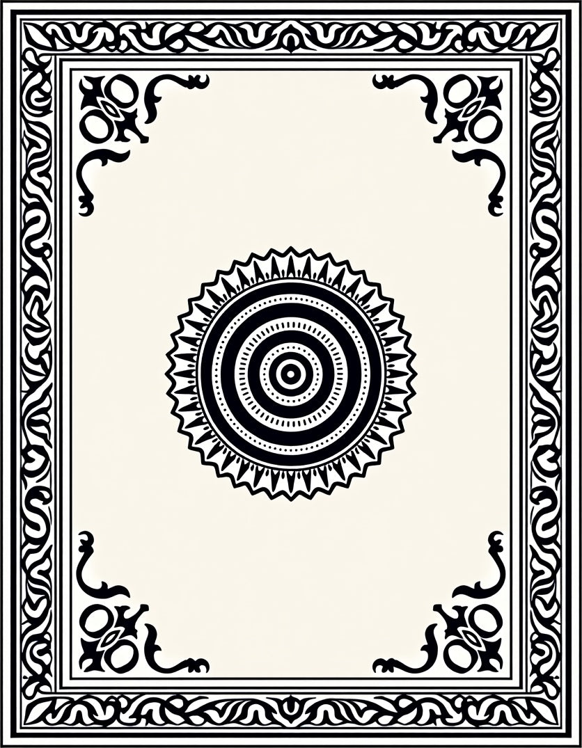 Black and Cream Geometric Medallion Border Rug