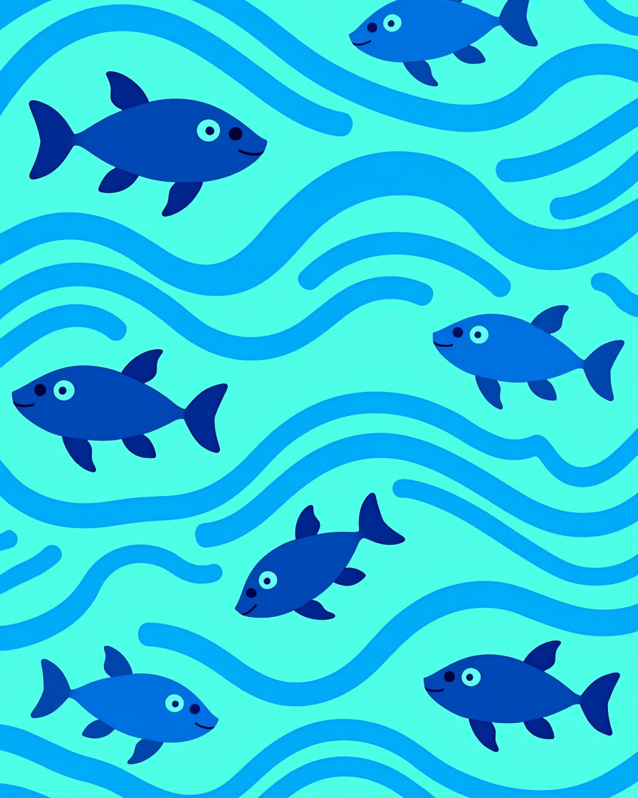 Playful Blue Fish Sea Waves Rug