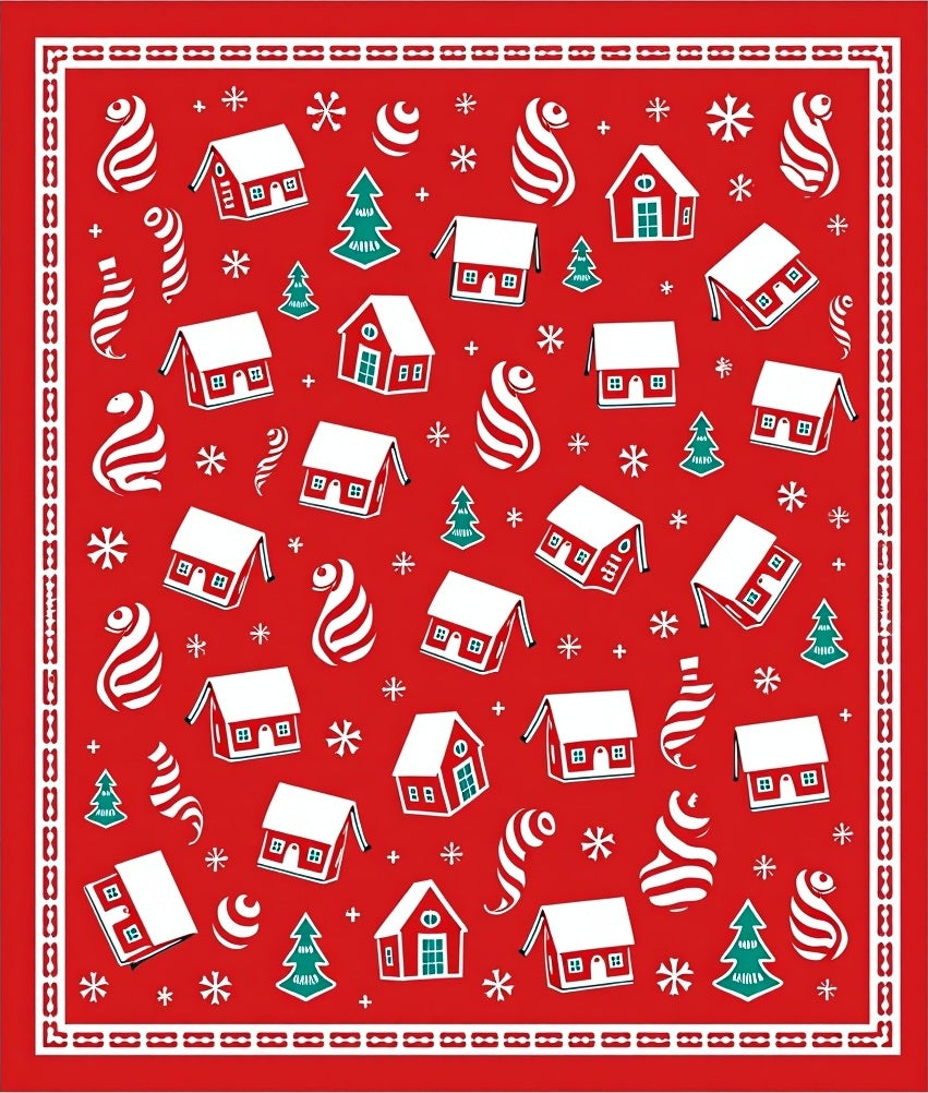 Festive Red Houses Snowflakes Trees Swirls Rug