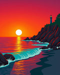 Crimson Sunset Lighthouse Coastal Abstract Rug