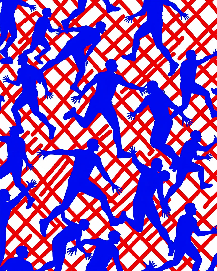 Athletic Blue Figures Over Red Grid Rug