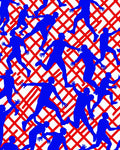 Athletic Blue Figures Over Red Grid Rug
