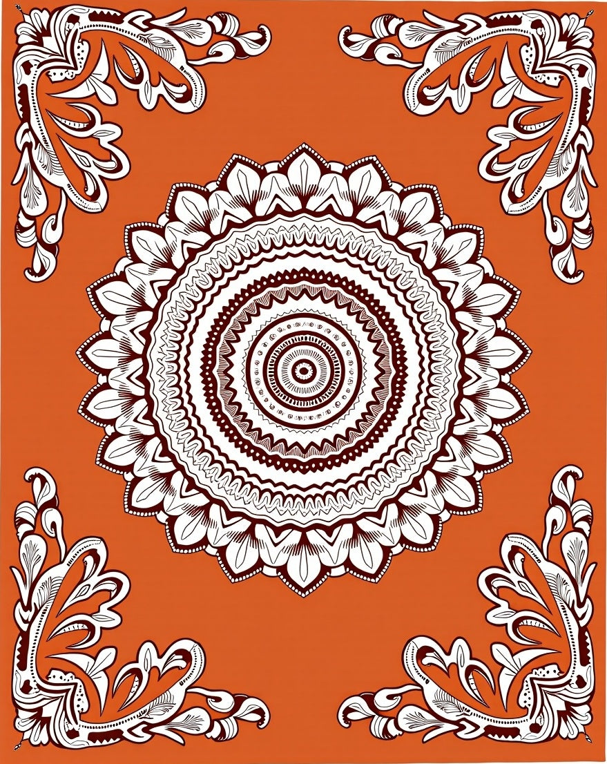 Orange and White Mandala Floral Corners Rug