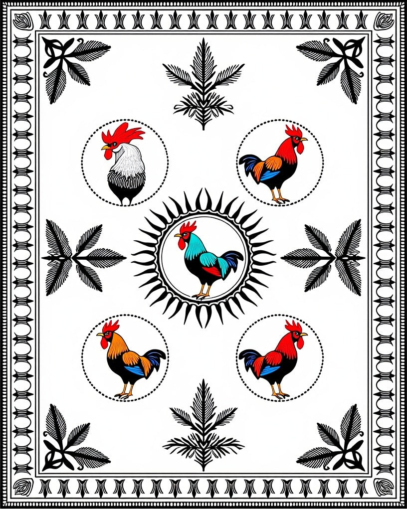 Rooster Circular Frame Black Border Rug