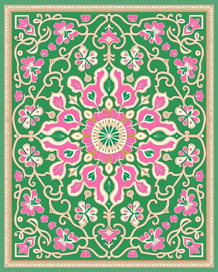 Vibrant Green Pink Floral Medallion Rug