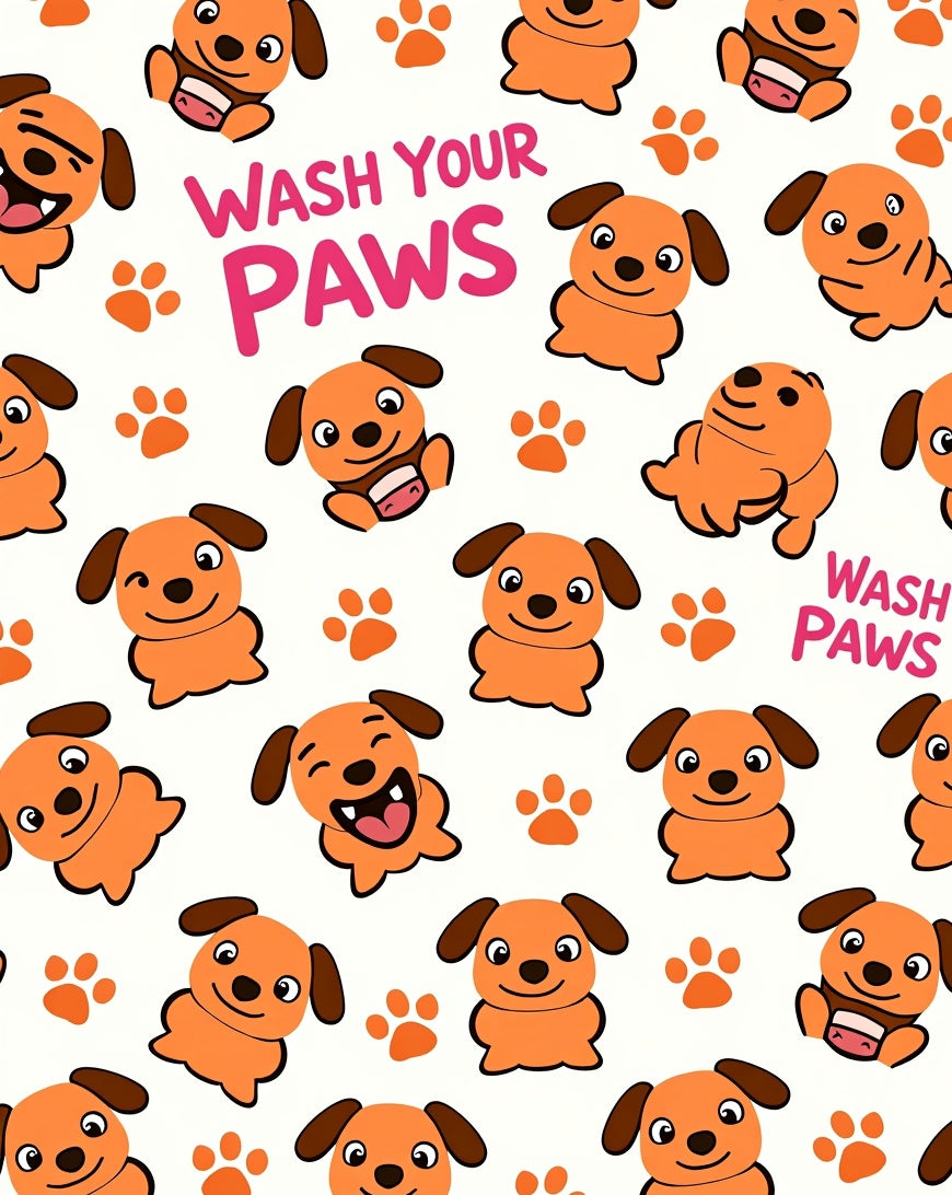 Playful Orange Dog Paw Print Collage Rug