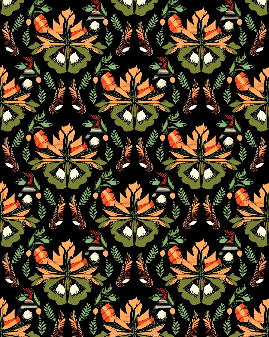 Orange Green Floral Abstract Repeating Rug
