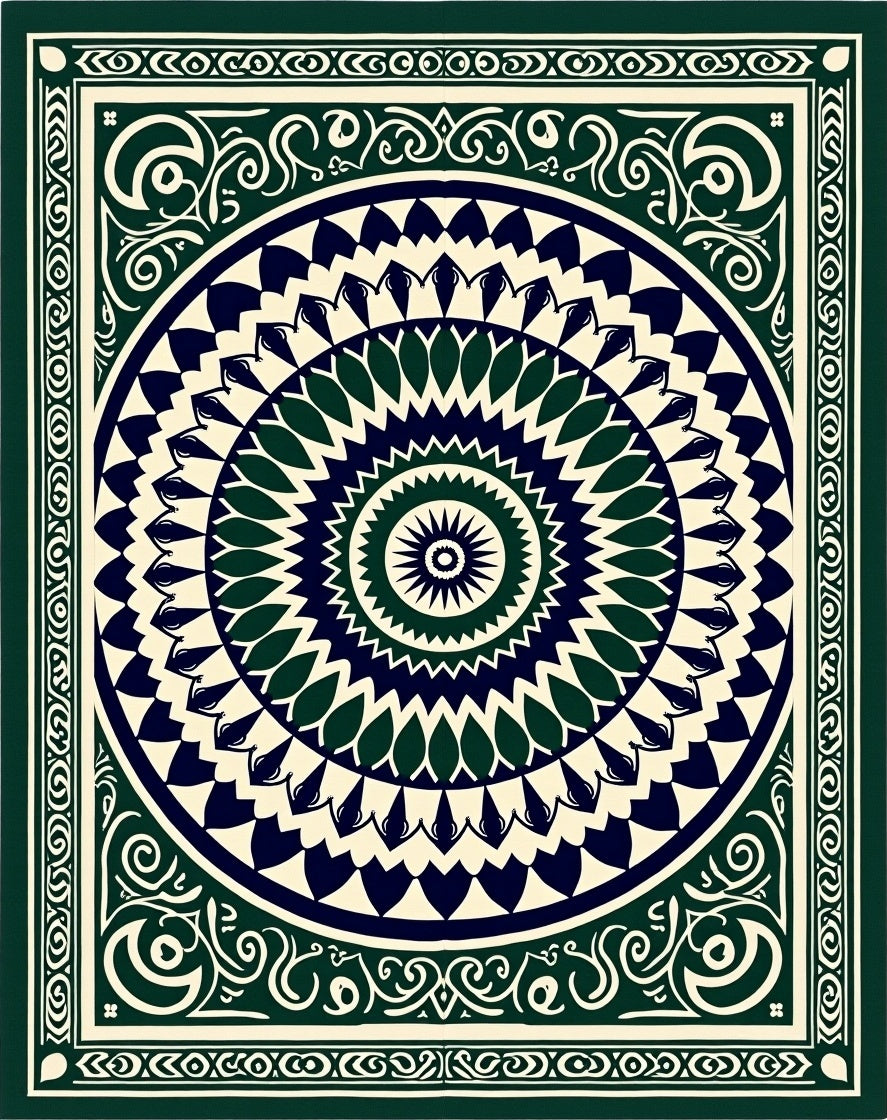 Deep Green Navy Concentric Mandala Rug