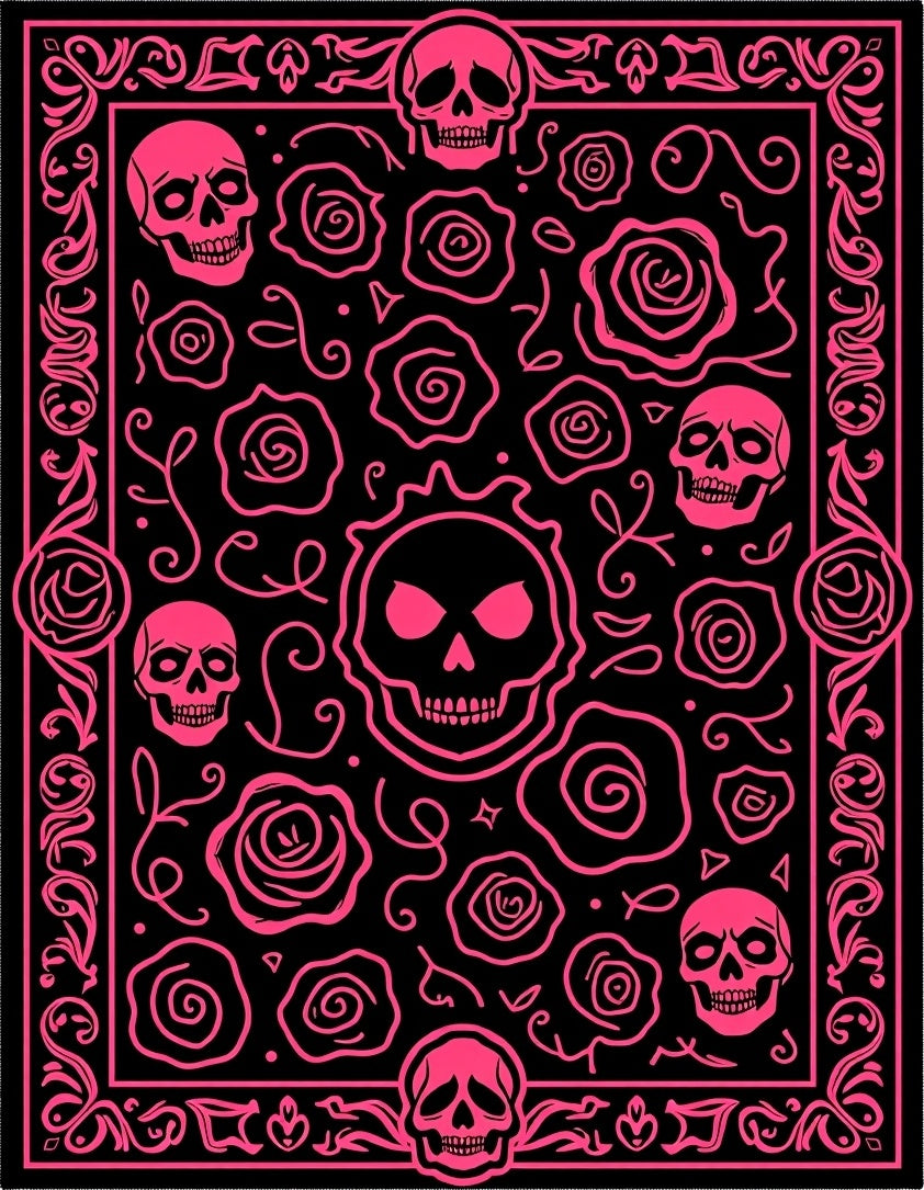 Hot Pink Skulls Roses Frame Rug
