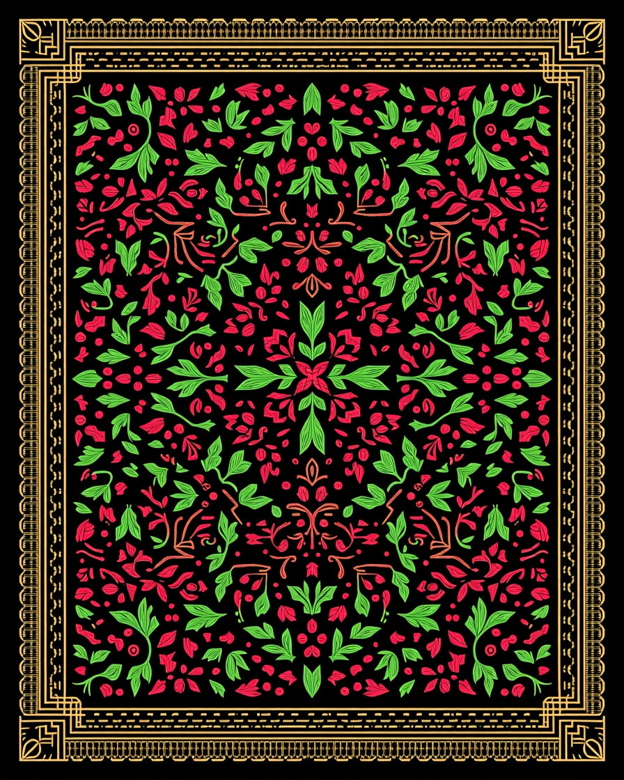 Verdant Crimson Leaf Floral Medallion Rug