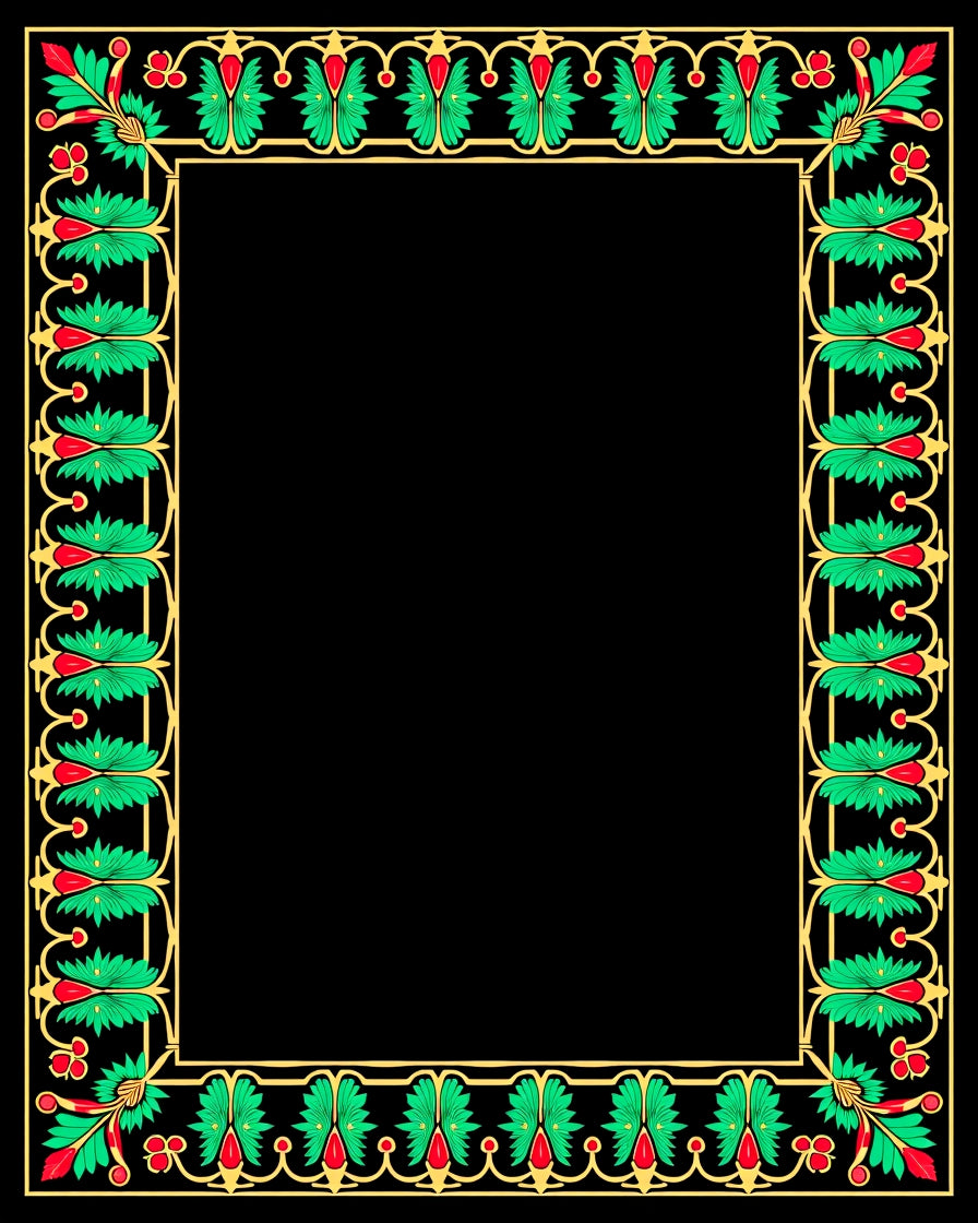 Ornate Green Gold Floral Border Rug