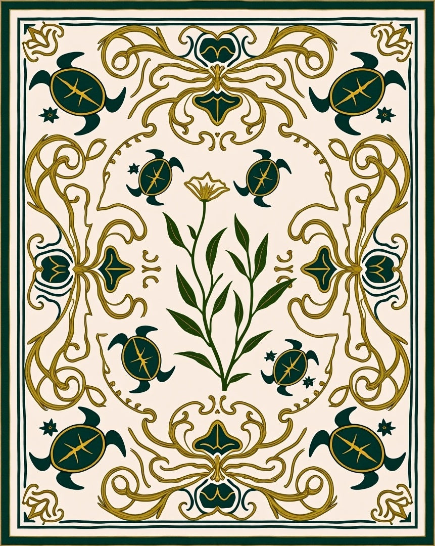 Emerald Green Turtle Floral Swirl Rug