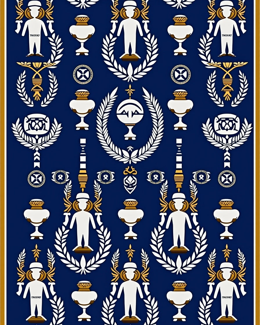 Ornate Navy White Gold Figures Laurel Rug