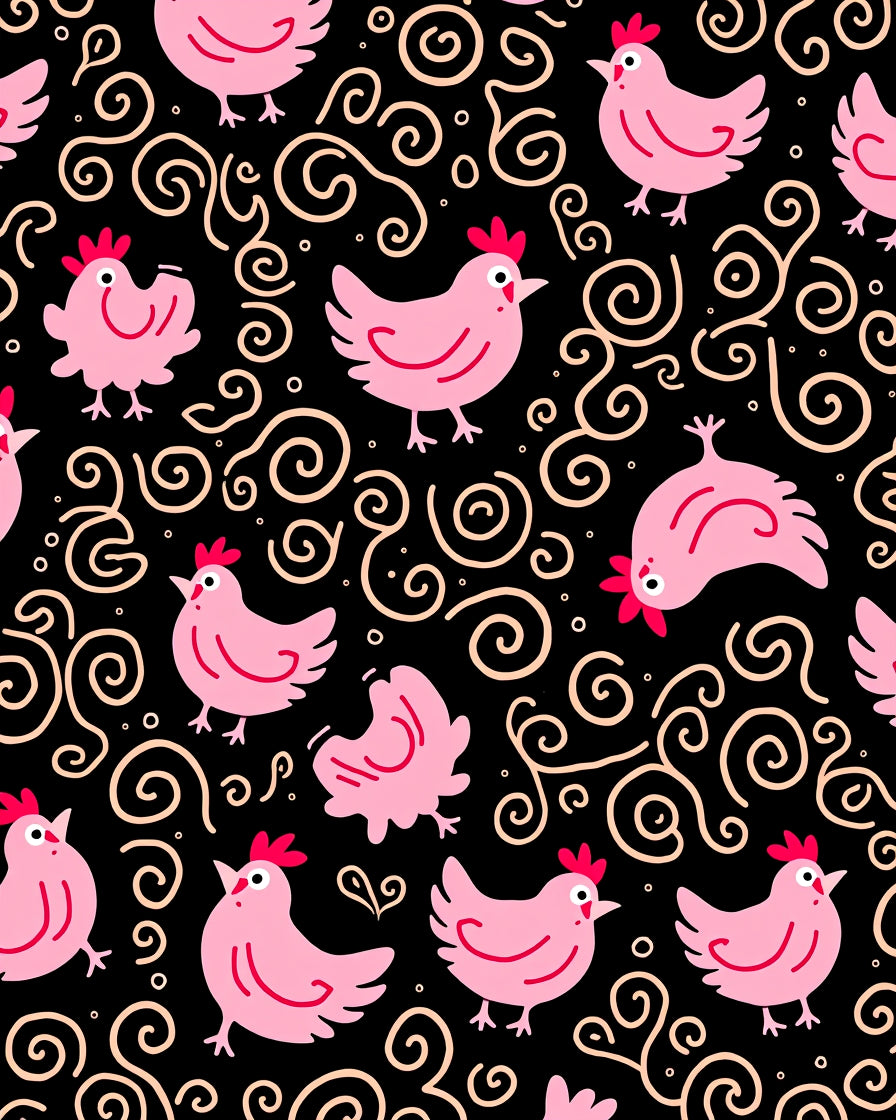 Pink Chicks Swirls Black Background Rug