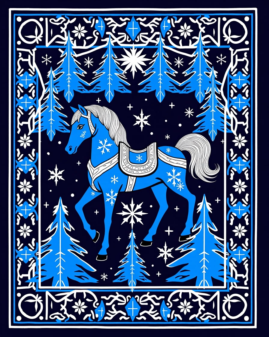 Blue Horse Winter Forest Border Rug