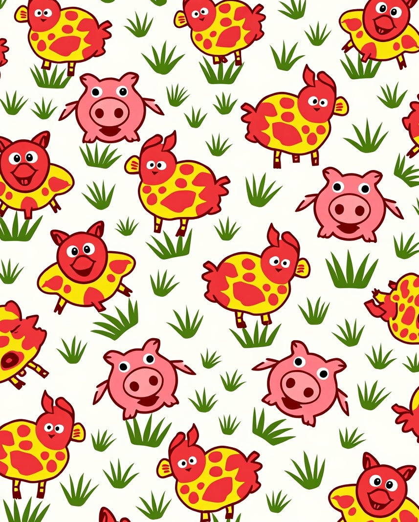 Happy Farm Animals Red Yellow Grass Rug